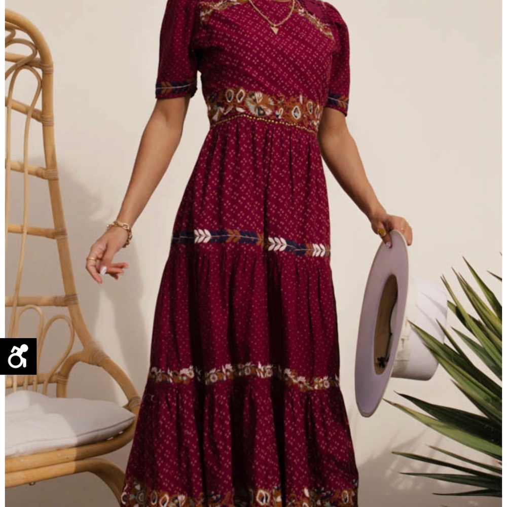 Bohme Maroon Spanish Style Embroidered Maxi Size M